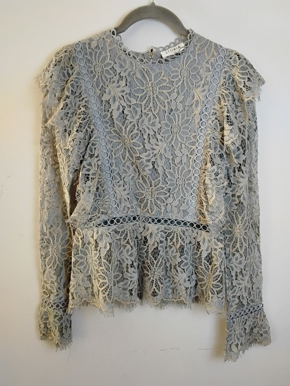 Storia Light Green Floral Lace Long Sleeve Peplum Blouse Small